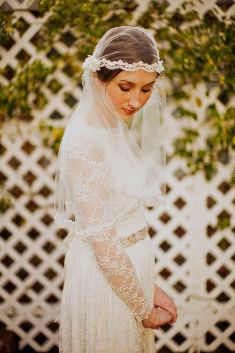 Tulle veil cap with crystal beaded alencon lace trim, and flowers, style 518