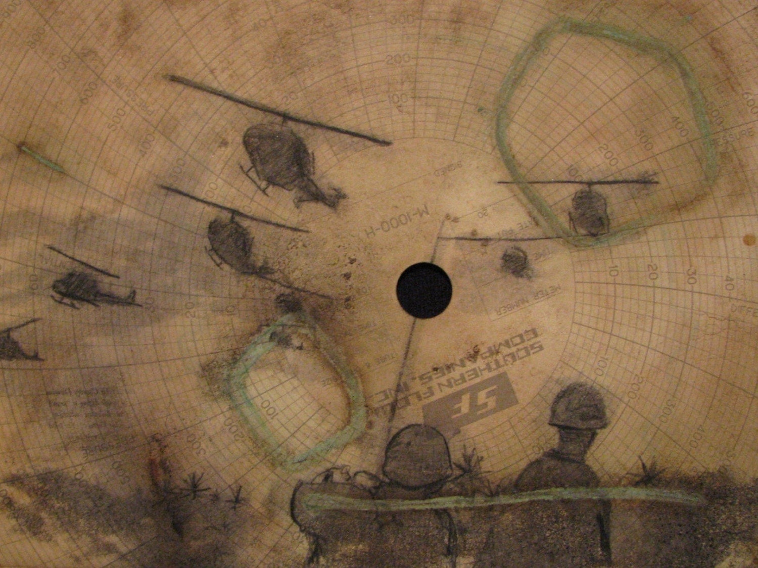 Helicopter Vietnam Military - Original Drawing on Chart paper - Patina Rust and coffe Stain - Charcoal and Watercolor
