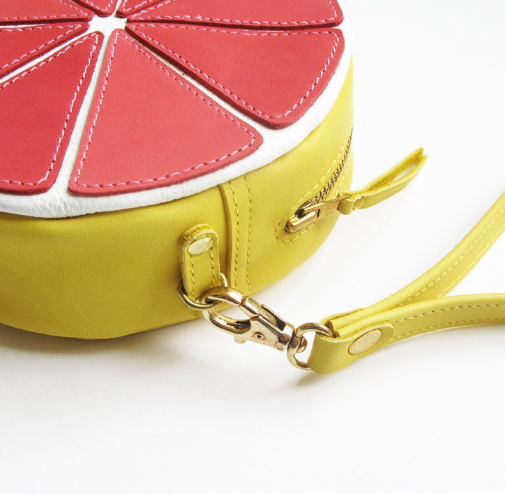 Handmade leather Pink Grapefruit pouch, fruit bag, wrist bag, citrus bag
