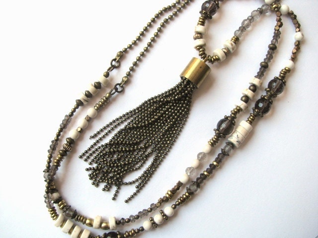 Meditation Tassel Necklace with White Howlite Torquoise, Smokey Topaz and Vintage Antiqued Brass Beads