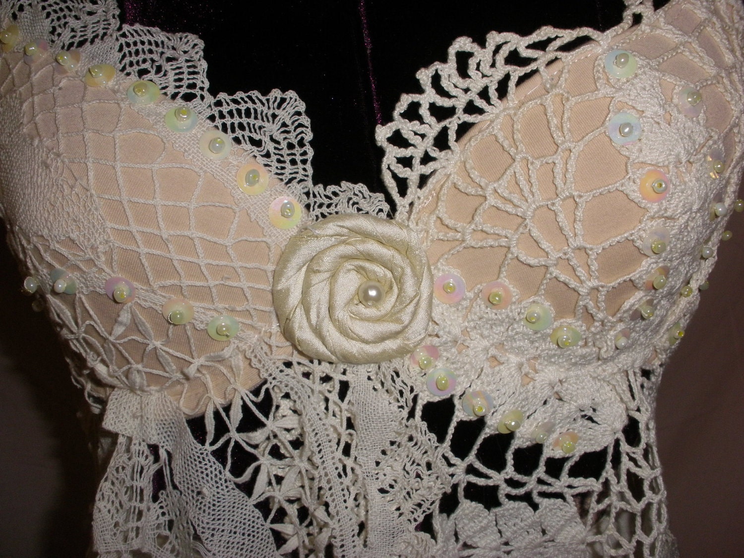 My Ladies Linens Oh So Feminine White on White Butterfly Vintage Doily Bra Top with Sequins and Beadwork