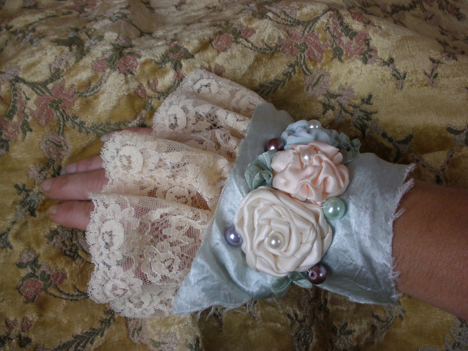 Sweet Rose Tattered Lace Victorian Steampunk Cuff or Spat Marie Antoinette Style