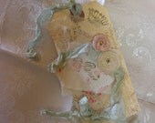 French Inspired Paris Handstamped Hang Tag with Tea Stained Vintage Ribbons and Rustic Roses