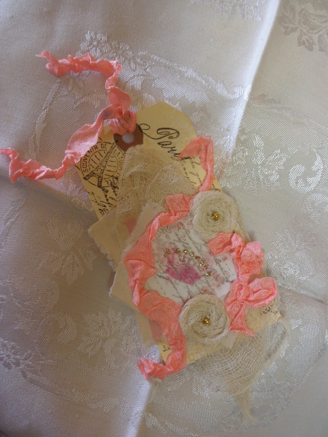 French Crown Handstamped Hang Tag with Vintage Ribbons and Rustic Roses