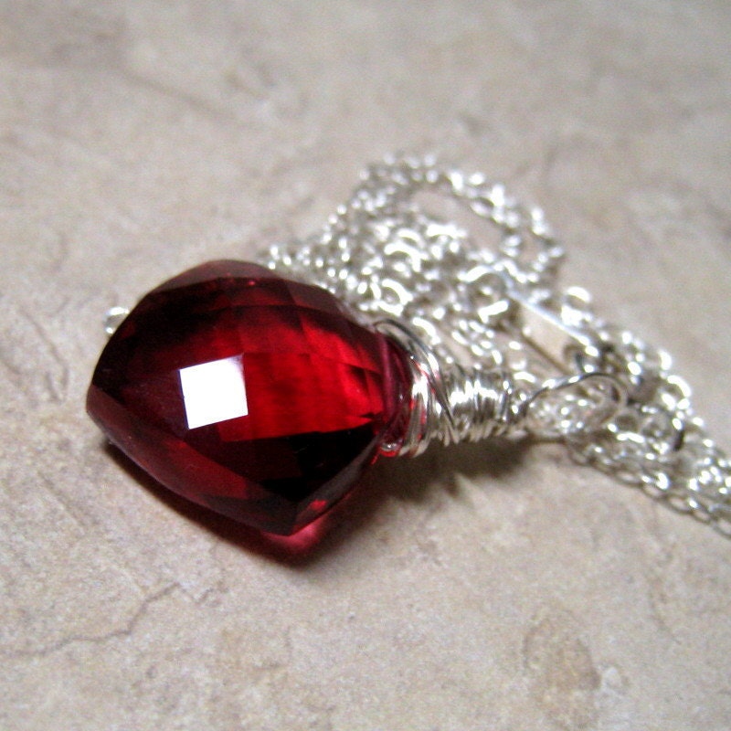 Ruby Red Quartz Necklace AAA Cushion Cut Wire Wrapped in Sterling Silver - MoonlightDesigns2 Ruby Red Quartz Necklace AAA Cushion Cut Wire Wrapped in Sterling Silver - MoonlightDesigns2