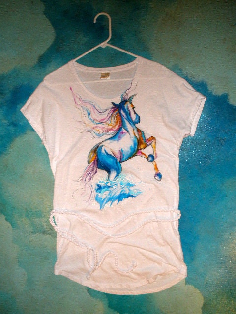 Hand Painted Unique Clothing Wild Horses Tshirt Beach Dress in white cotton  // Colourful Original Wearable Art / Large