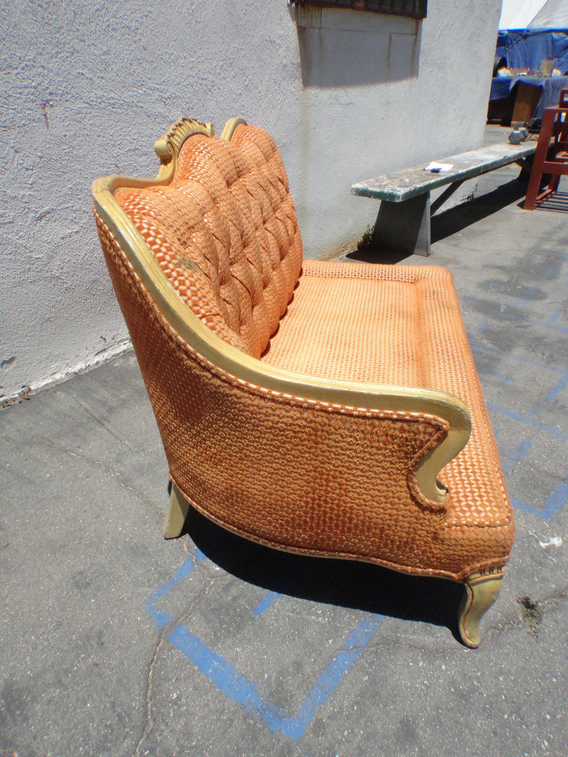 RESERVE-CELESTE-French Vintage One Arm Settee Sofa with Orange Chenille Fabric (Los Angeles)