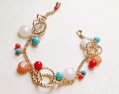 Unique Gemstone Bracelet in 14k gold bracelet, Rose Quartz, Turquoise stone, Coral, Wire Weaved, Handmade Jewelry