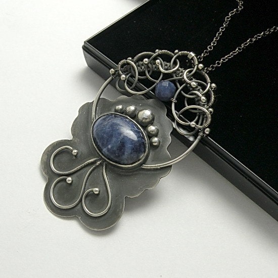 Reserved Silver blue pendant, lapis, Wirework, Metalwork