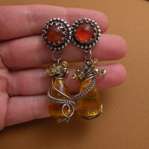 Luxury silver wire wrapped earrings with citrine , carnelian , gold pyrites , wirework , metalwork