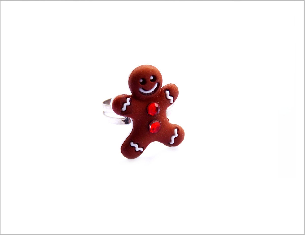 Gingerbread Man Adjustable Ring - Handmade
