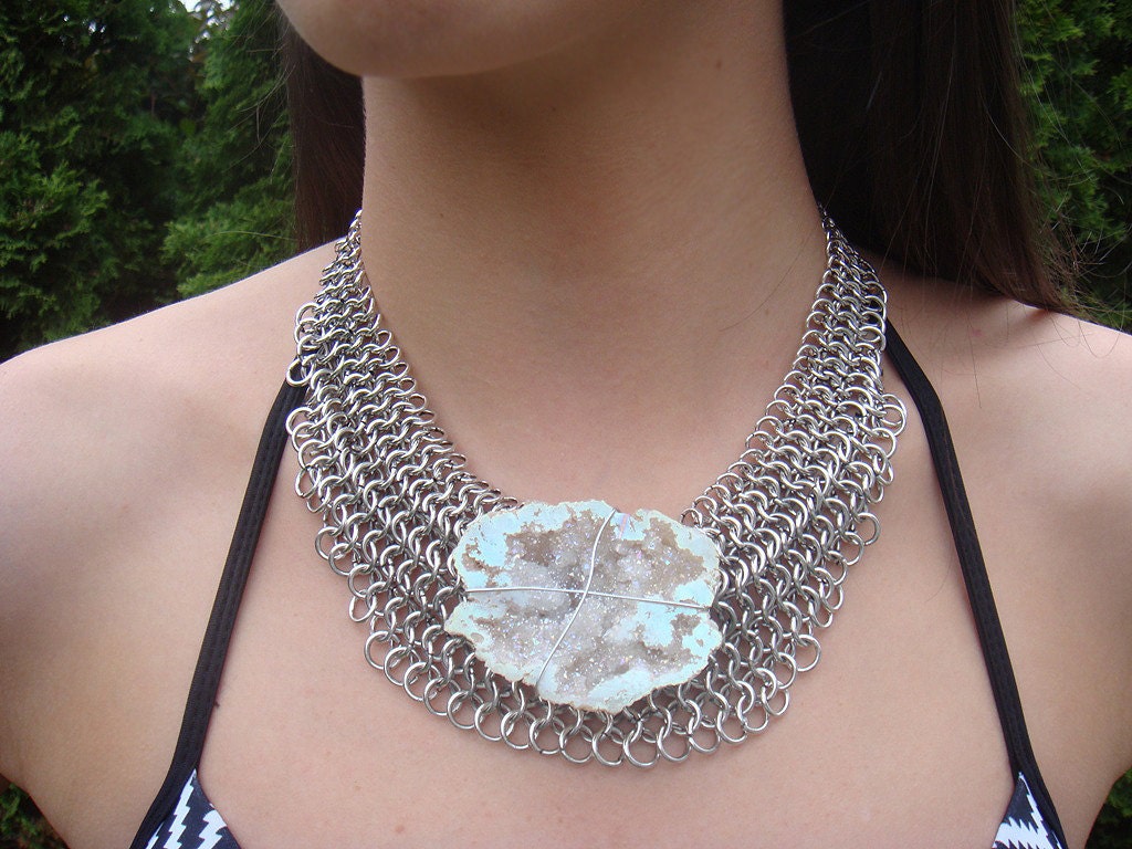 One of a Kind Large Couture Blue Titanium Crystal Necklace