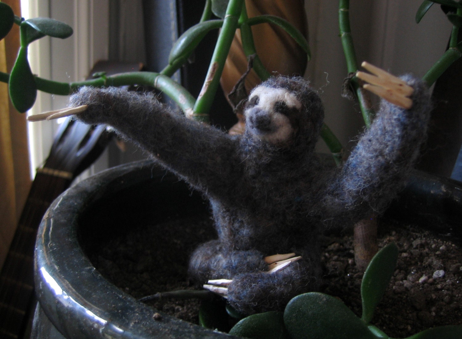 Three Toed Sloth -- Needle Felted Wool with hand-carved wooden claws