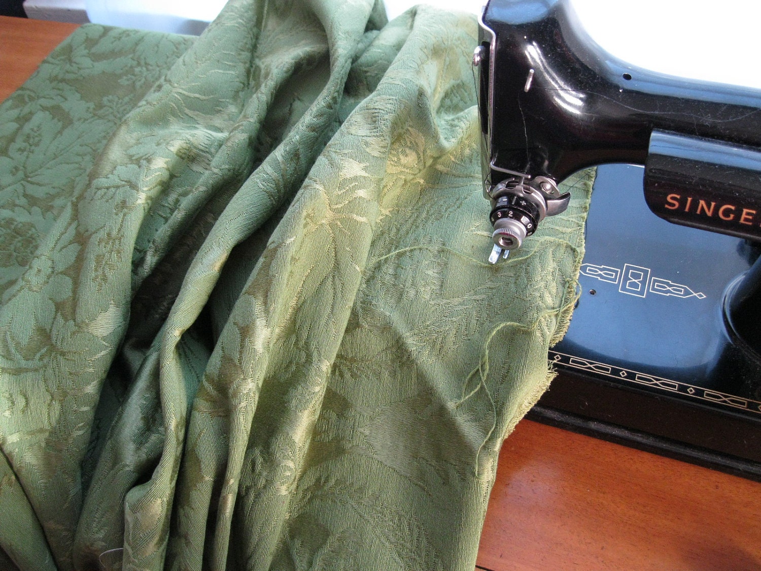 Vintage 1950s Upholstery Fabric Green Brocade Yardage Sewing Supplies 1960s