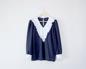 Navy Blue Vintage Flouncy Blouse White Collar V Neck Size M/L