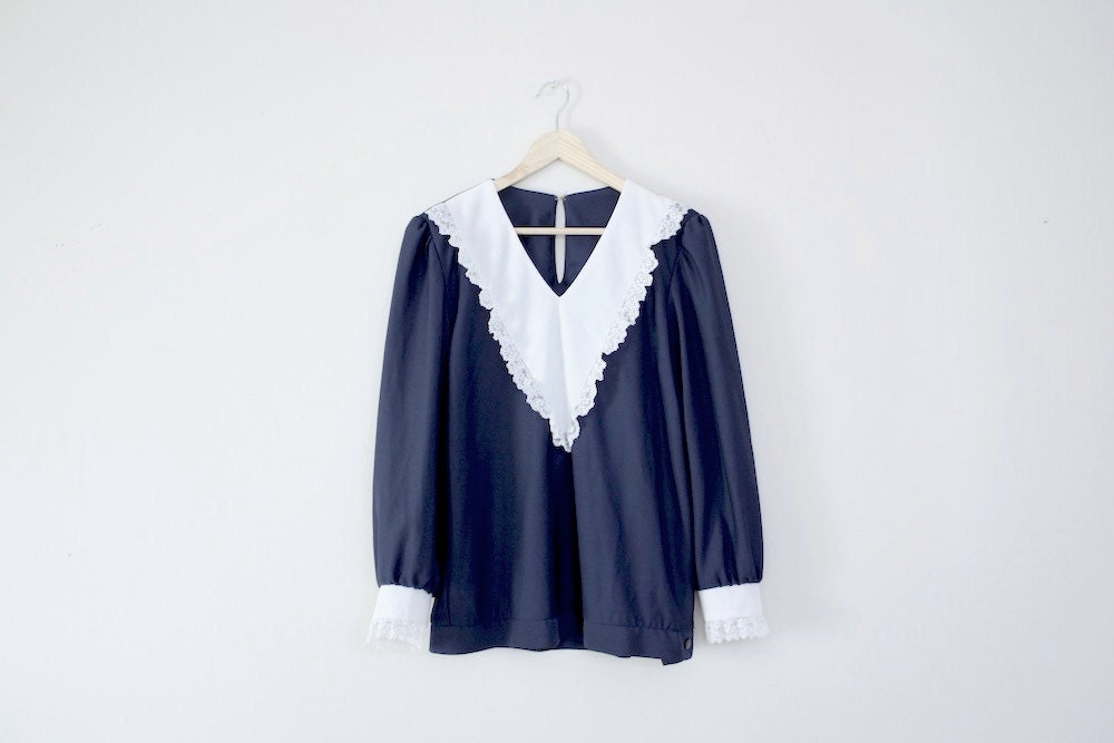 Navy Blue Vintage Flouncy Blouse White Collar V Neck Size M/L
