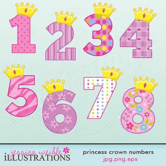 Princess Crown Numbers Cute Digital Clipart for Card Design, Scrapbooking, and Web Design Il_570xn