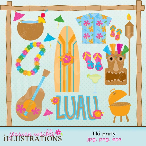 Tiki Party Cute Digital Clipart for Card Design, Scrapbooking, and Web Design Il_570xn