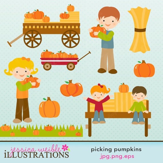 Picking Pumpkins Cute Digital Clipart for Card Design, Scrapbooking, and Web Design Il_570xn