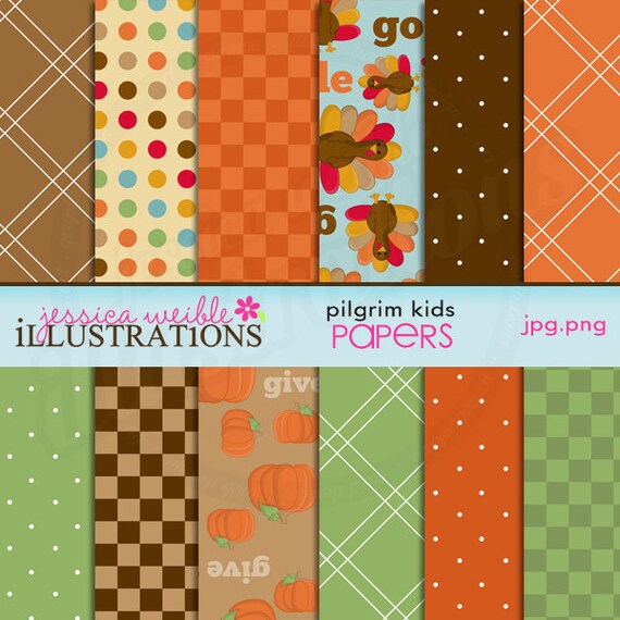 Pilgrim Kids Cute Digital Backgrounds for Card Design, Scrapbooking, and Web Design Il_570xn