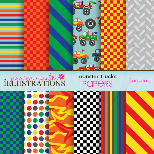 Monster Trucks Cute Digital Papers for Card Design, Scrapbooking, and Web Design Il_570xn