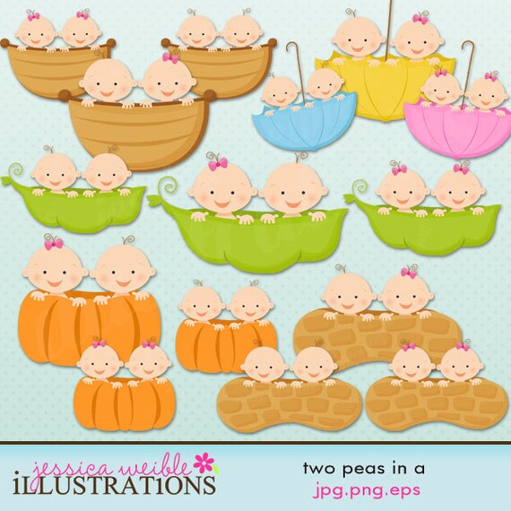 Two Peas in A Cute Digital Clipart for Card Design, Scrapbooking, and Web Design, twins, babies Il_570xn