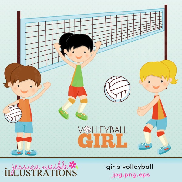 Girls Volleyball Cute Digital Clipart for Card Design, Scrapbooking, and Web Design Il_570xn