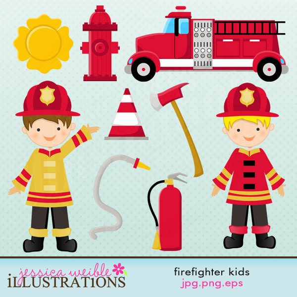 Firefighter Kids Cute Digital Clipart for Card Design, Scrapbooking, and Web Design Il_570xn