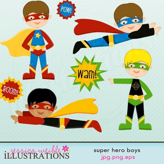 Super Hero Boys Cute Digital Clipart for Card Design, Scrapbooking, and Web Design Il_570xn