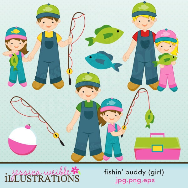 Fishin Buddy Girl Version Cute Digital Clipart for Card Design, Scrapbooking, and Web Design Il_570xn