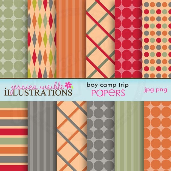 Boy Camp Trip Cute Digital Papers for Card Design, Scrapbooking, and Web Design Il_570xn