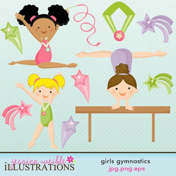 Girls Gymnastics Cute Digital Clipart for Card Design, Scrapbooking, and Web Design Il_570xn