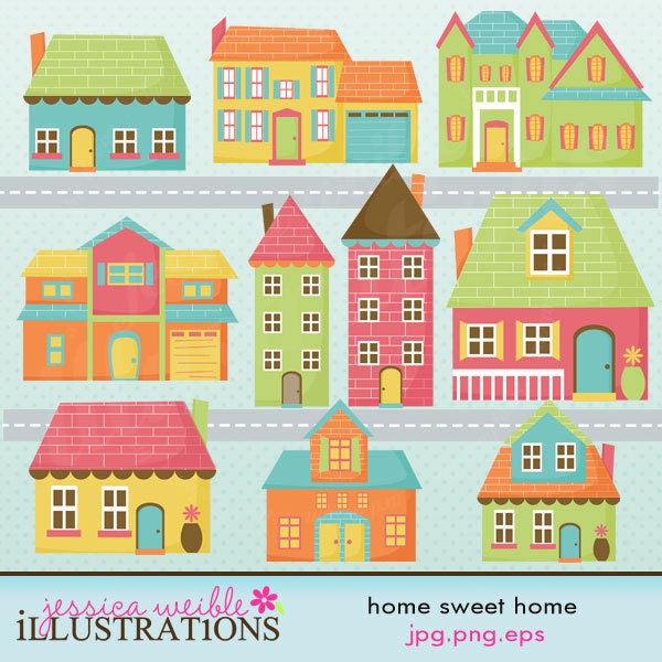 Home Sweet Home Cute Digital Clipart for Card Design, Scrapbooking, and Web Design Il_570xn