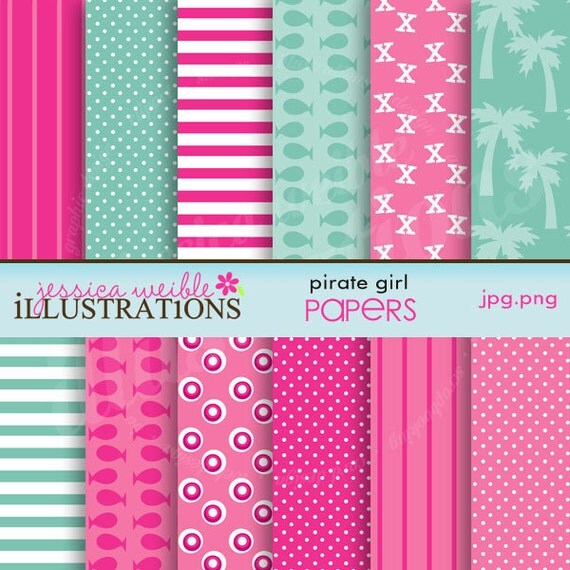 Pirate Girl Cute Digital Papers for Card Design, Scrapbooking, and Web Design Il_570xn