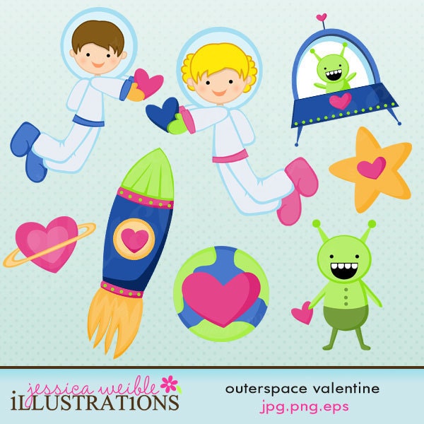 Outerspace Valentine Cute Digital Clipart for Card Design, Scrapbooking, and Web Design Il_570xn