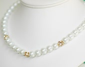 Georgia, White Pearl & Gold Design the Perfect Bridesmaid Necklace-Pearl Necklace w/Ribbon Tie Rhinestone WEDDING JEWELRY Maid of HONOR