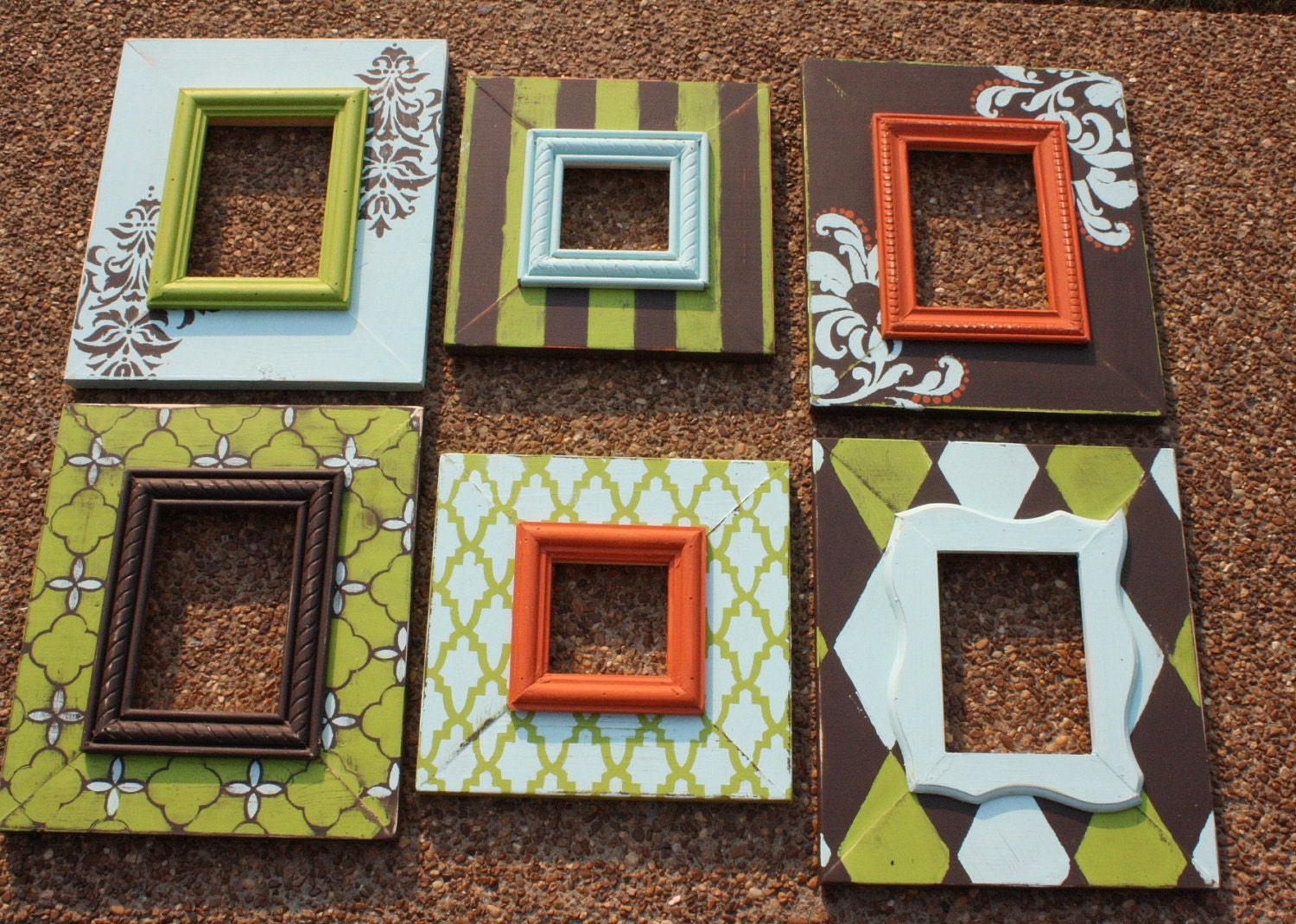 Distressed Picture Frame Set in Lime Aqua and Orange - Wall Grouping