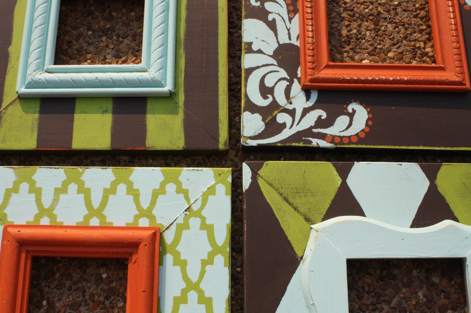 Distressed Picture Frame Set in Lime Aqua and Orange - Wall Grouping