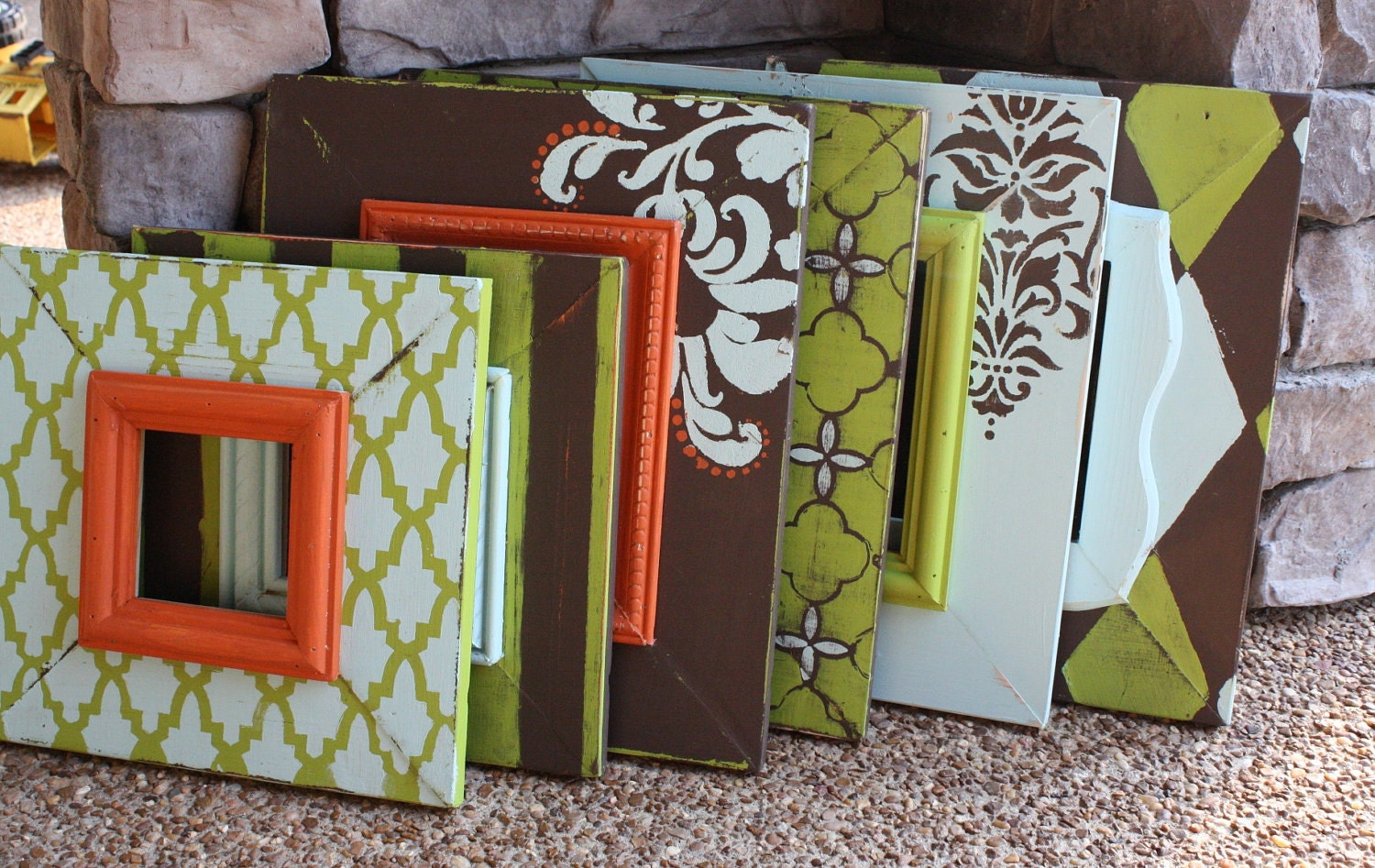 Distressed Picture Frame Set in Lime Aqua and Orange - Wall Grouping