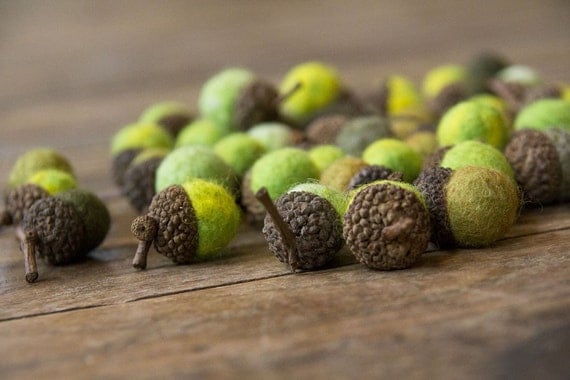 Set of 12 SHADES OF GREEN  Wool Felted Acorns-  As seen in Southern Living magazine