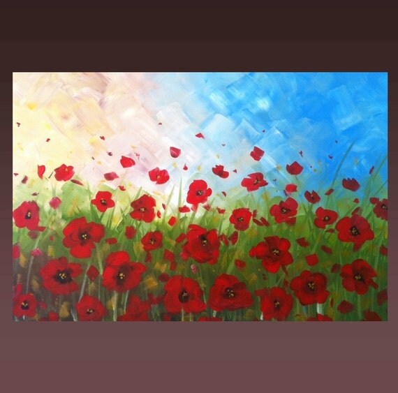 MOVING SALE-45% Off-Orignal Large Modern Painting on Canvas- Red Poppies Acrylic- 24"x 36"