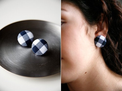 Nickel-Free Fabric Button Earrings - Navy Gingham