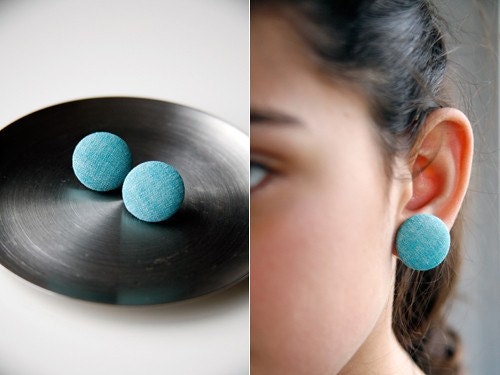 Nickel-Free Fabric Button Earrings - Turquoise Solid