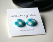 Nickel-Free Fabric Button Earrings - Teal Gingham