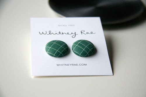 Nickel-Free Fabric Button Earrings - Ivory/Green Crosshatch