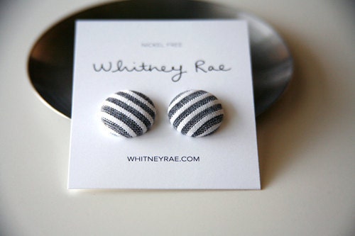 Nickel-Free Fabric Button Earrings - Gray Seersucker