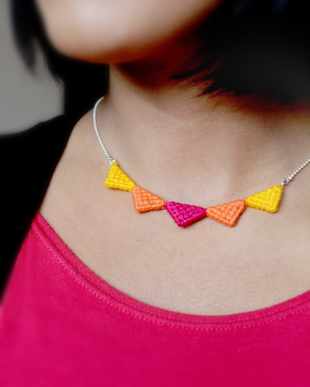 Tribal Triangle Necklace made of wool: Fuschia Pink, Orange and Yellow
