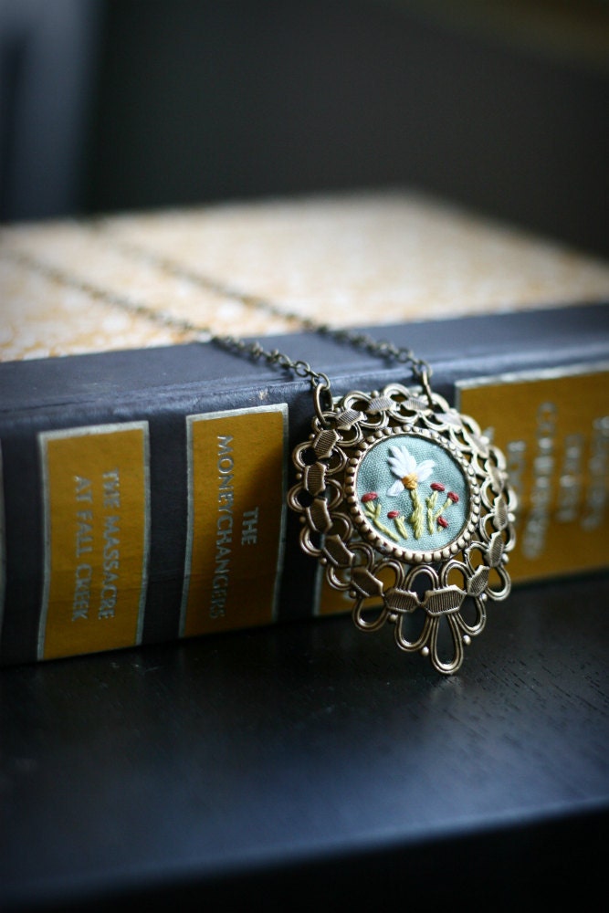 Ribbons Surround Them- hand embroidered necklace - PoppyandFern