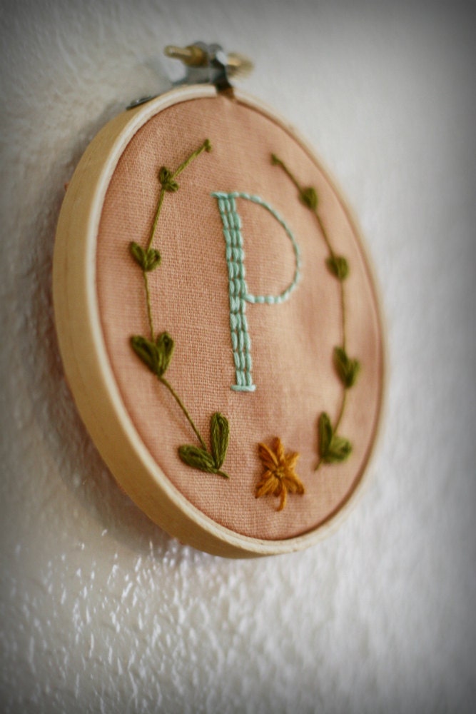 Custom Initial Floral Wreath- hand embroidered 4 inch hoop