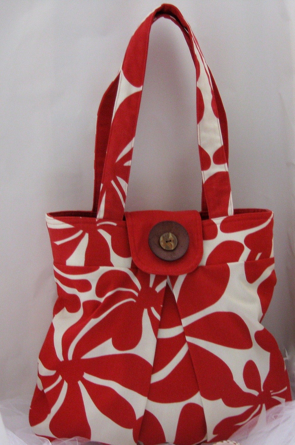 floral handbag, red and cream